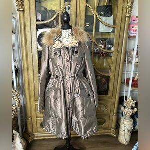 Burberry Blue Label Fur Trim Hooded Parka Coat Nova Check Lining Size 40